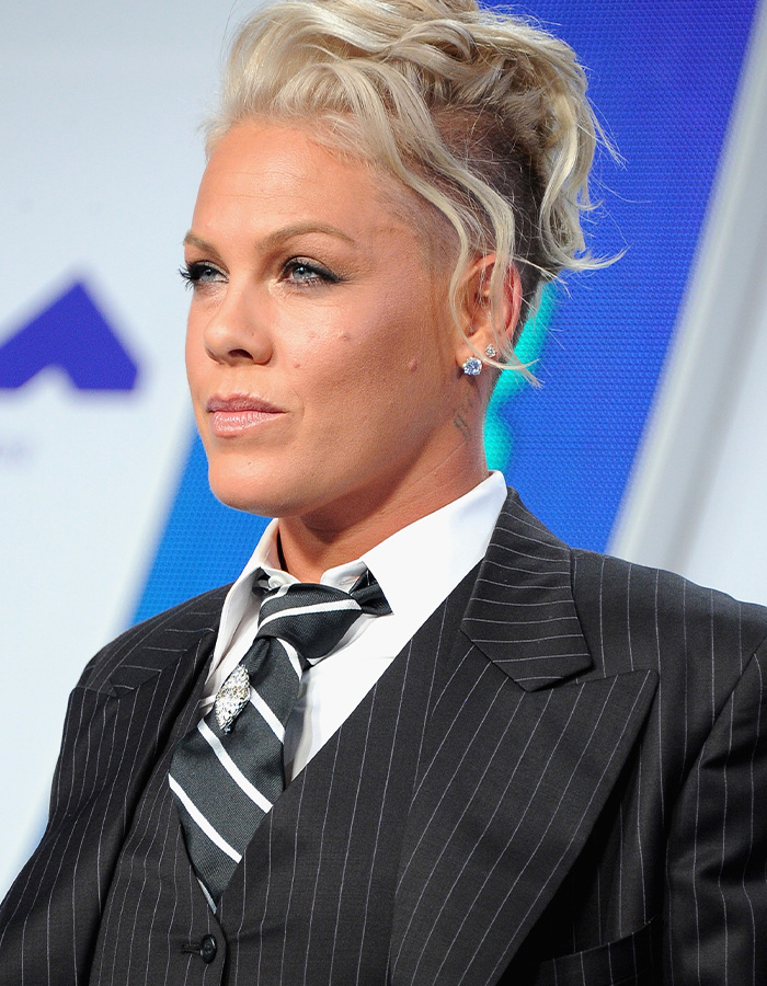 Pink, with blonde hair, dressed in a pinstripe suit and striped tie, addressing criticism and fan support. Pink, with blonde hair, dressed in a pinstripe suit and striped tie, addressing criticism and fan support.