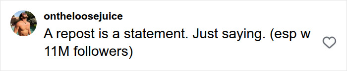 Screenshot of fan criticism about Pink's controversial posts, featuring a comment about a repost being a statement. Screenshot of fan criticism about Pink's controversial posts, featuring a comment about a repost being a statement.