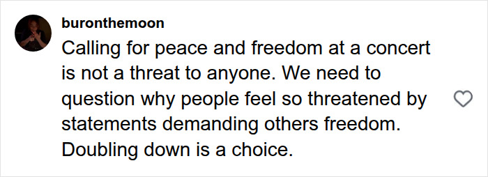 Screenshot of fan criticism towards Pink's controversial posts, with a comment questioning threats from calls for peace. Screenshot of fan criticism towards Pink's controversial posts, with a comment questioning threats from calls for peace.