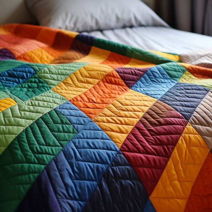 A vibrant, colorful patchwork quilt on a bed, representing the comfort and warmth of childhood beliefs.