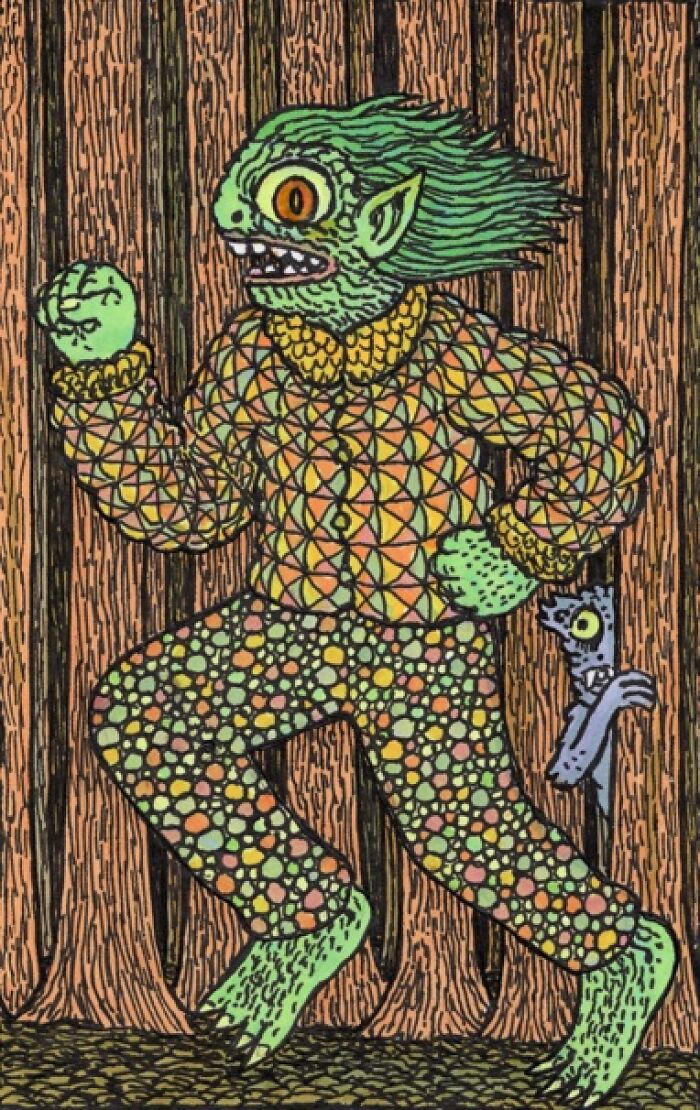 Green creature wearing patterned clothes running in forest by Theo Ellsworth