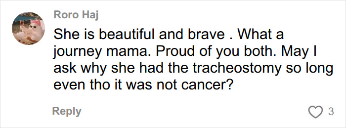 Supportive online comment about a pregnant woman and a tracheostomoy journey, saying She is beautiful and brave Supportive online comment about a pregnant woman and a tracheostomoy journey, saying She is beautiful and brave