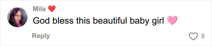 A social media comment from Mila wishing blessings upon a baby girl. A social media comment from Mila wishing blessings upon a baby girl.