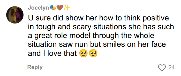 A social media comment praising a mother's positive attitude during a tough situation. A social media comment praising a mother's positive attitude during a tough situation.
