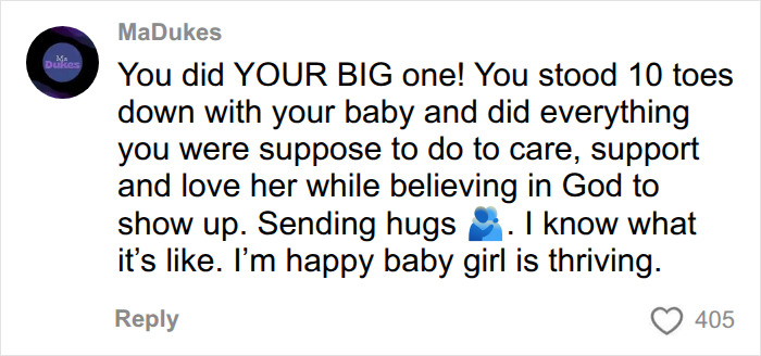 A supportive comment praising a pregnant woman for standing strong and caring for her baby girl. A supportive comment praising a pregnant woman for standing strong and caring for her baby girl.