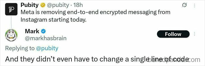 A funny programmer meme featuring Mark Zuckerberg and the Instagram logo about end-to-end encryption.
