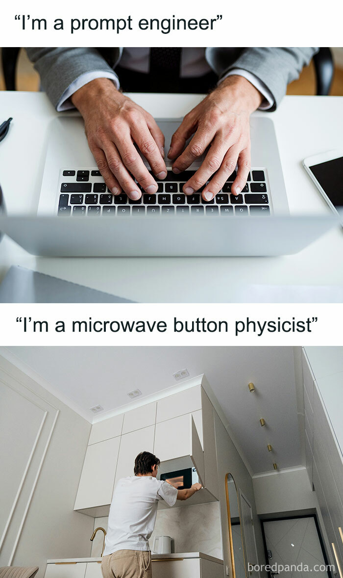 Funny programmer meme comparing a prompt engineer to a microwave button physicist for computer nerds.