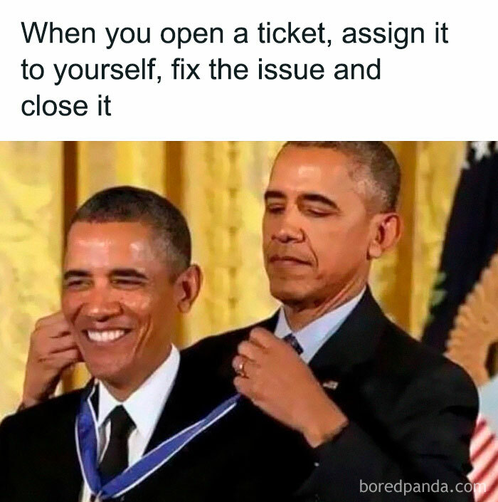 Funny programmer meme of Obama giving himself a medal for fixing his own issue.