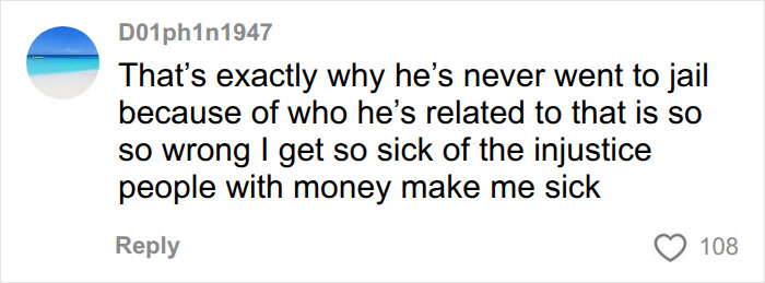 A comment on the Putney Pusher's identity, about injustice and royal ties preventing jail time, with 108 likes.