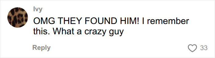 A comment on the Putney Pusher's identity, exclaiming OMG THEY FOUND HIM! with 33 likes.
