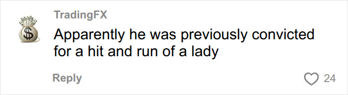 A comment on the Putney Pusher's identity, stating he was convicted for hit and run, with 24 likes.