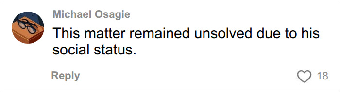 A comment on the Putney Pusher's identity, mentioning the case remained unsolved due to social status, with 18 likes.