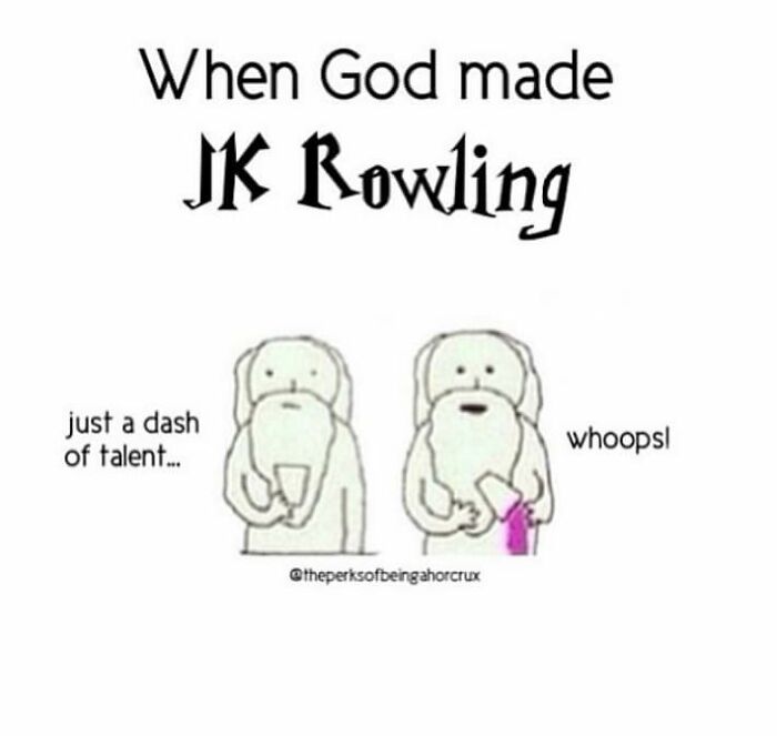 A J.K. Rowling talent comic strip showing the style of cringe memes fandoms share online