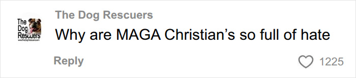 A comment asking why MAGA Christians are full of hate, relating to the racist Karen arrest in San Jose. A comment asking why MAGA Christians are full of hate, relating to the racist Karen arrest in San Jose.