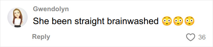 A social media comment from Gwendolyn saying 'She been straight brainwashed' about Racist Karen. A social media comment from Gwendolyn saying 'She been straight brainwashed' about Racist Karen.
