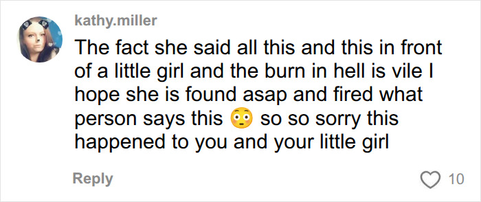 Screenshot of a comment from kathy.miller condemning the racist Karen's actions. Screenshot of a comment from kathy.miller condemning the racist Karen's actions.