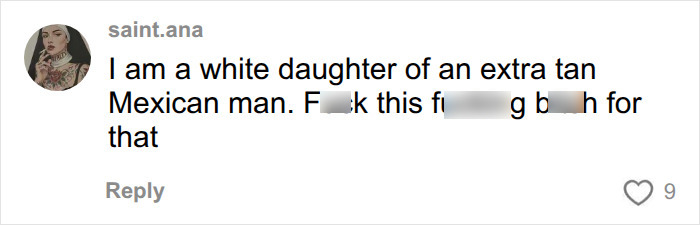 Screenshot of a comment from saint.ana reacting to the racist Karen's behavior. Screenshot of a comment from saint.ana reacting to the racist Karen's behavior.