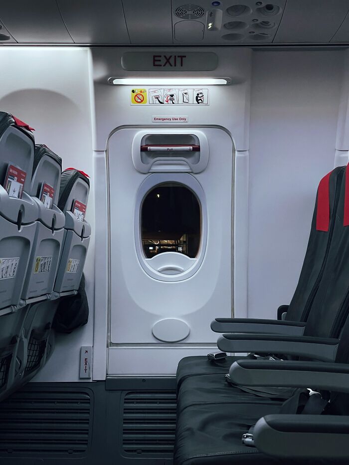 Airplane emergency exit door and seats, depicting unhinged things cabin crew deal with.