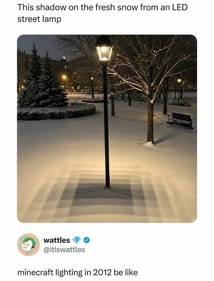Illuminated street lamp casting pixelated shadows on fresh snow at night