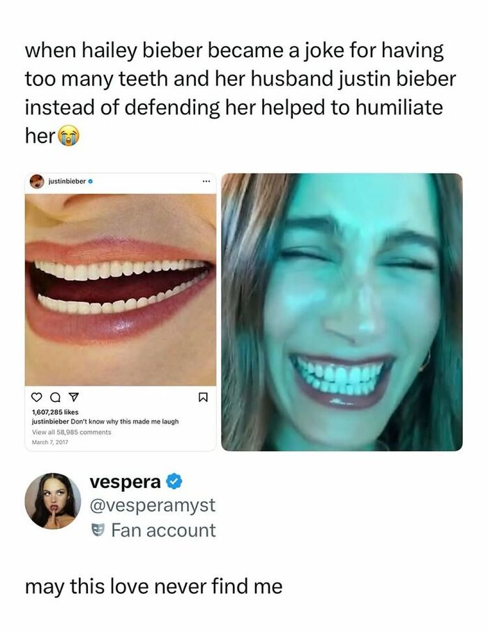 Funny meme about Hailey Bieber's teeth and Justin Bieber's joke reaction