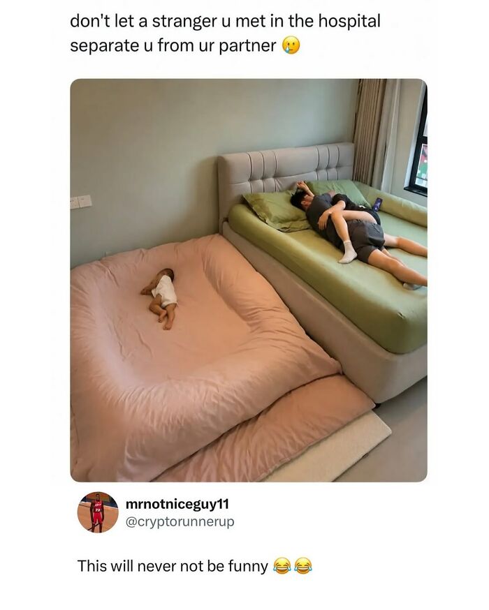 Couple cuddling on bed with baby sleeping alone on a large mattress funny meme