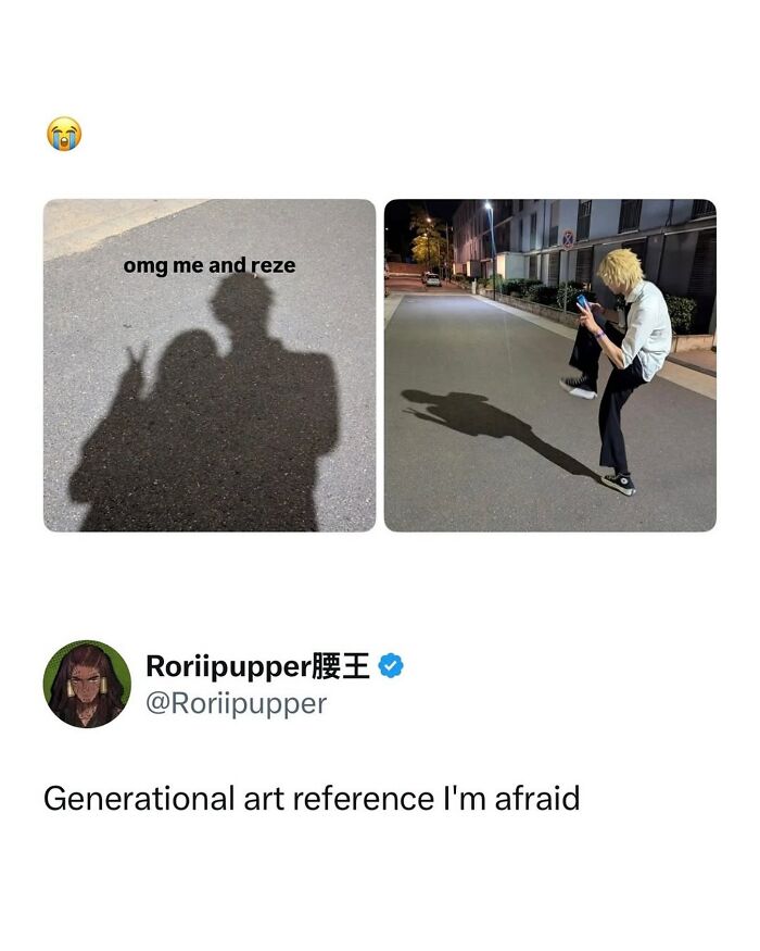 Shadow art reference with person and anime-style shadow on street as funny meme