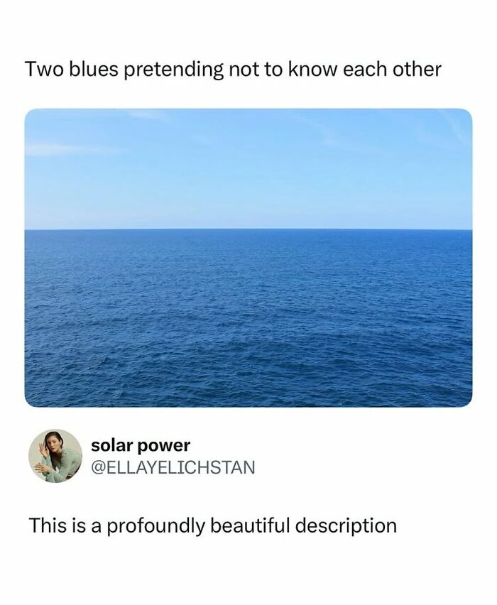 Blue ocean horizon humorously described as two blues pretending not to know each other