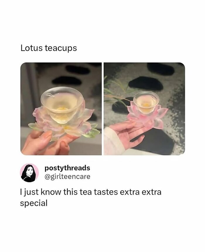 Lotus teacups held in hand with special tea caption