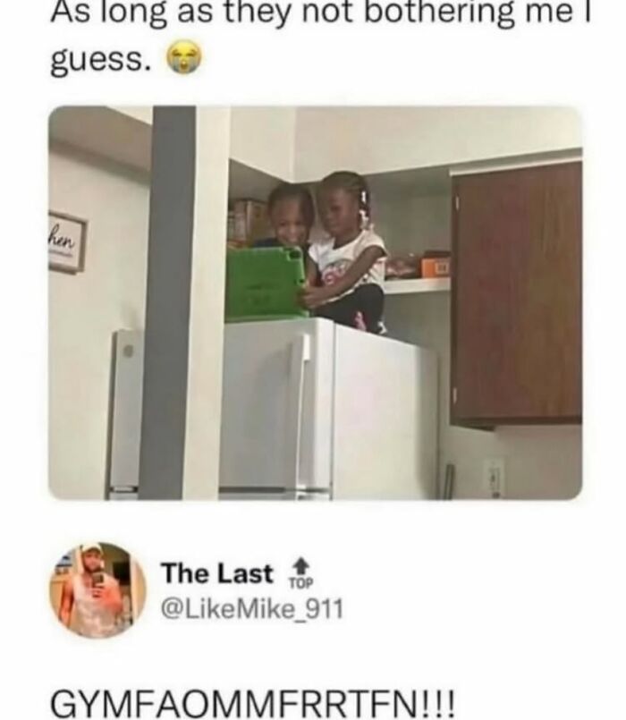 Funny meme showing kids hiding on fridge with hilarious caption