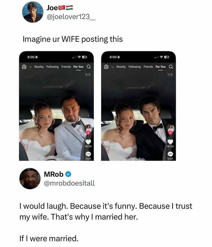 Funny wedding meme showing imagined spouse change on social media post