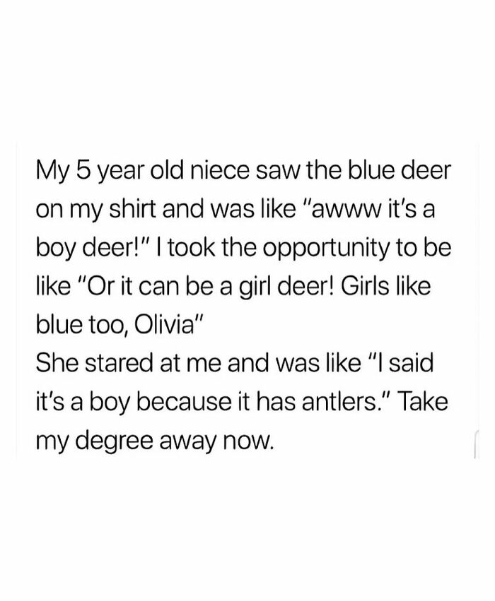 Funny meme about a 5 year old niece explaining deer gender by antlers