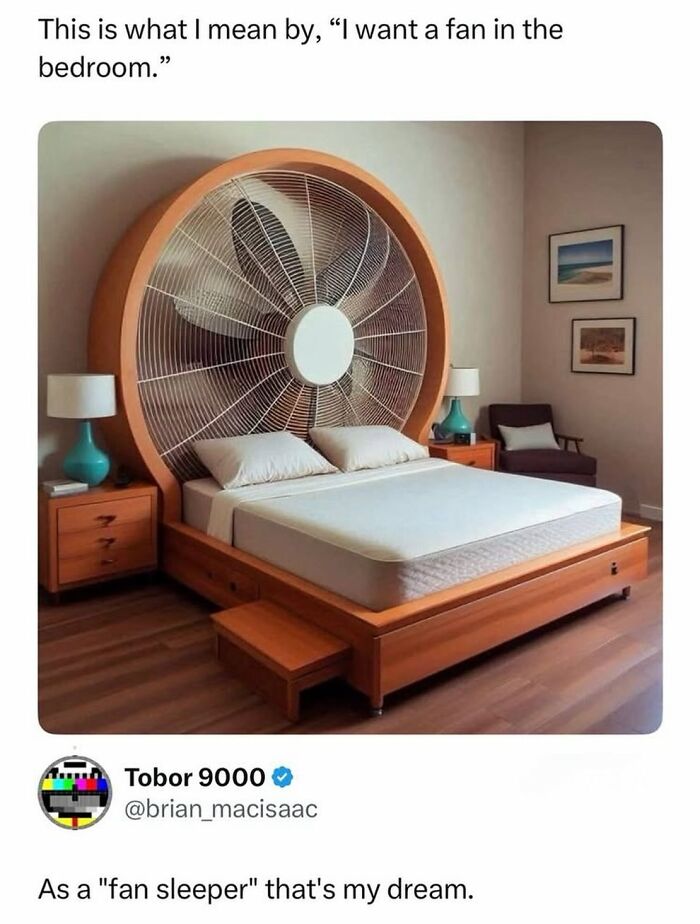 Bedroom with fan-shaped headboard bed illustrating fan in the bedroom meme
