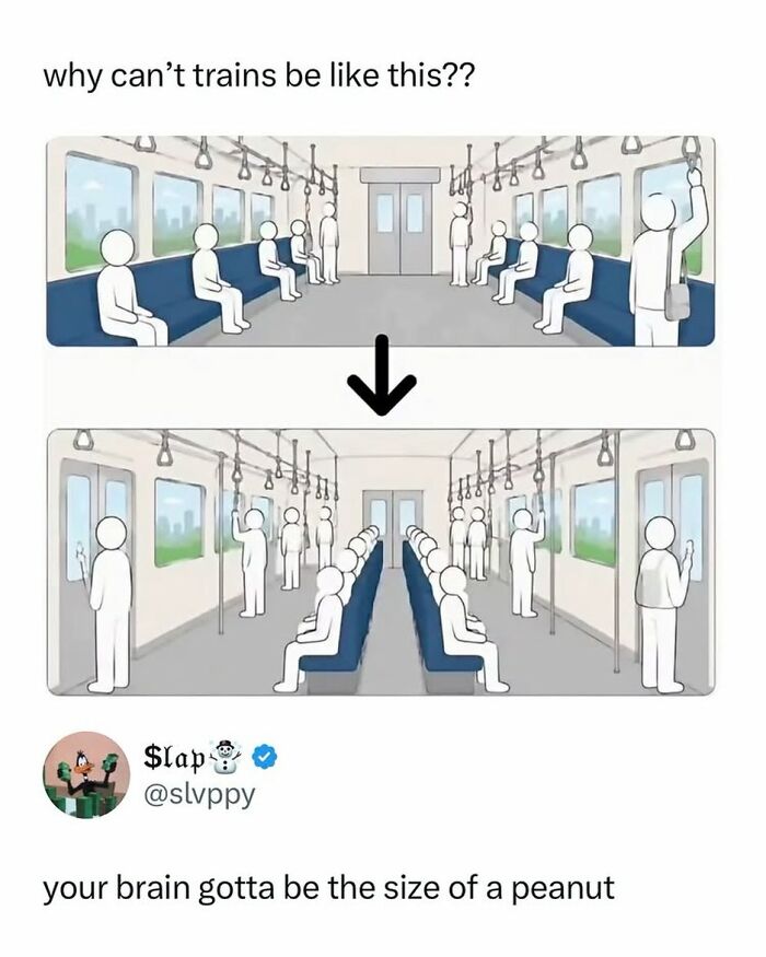 Illustration comparing train seating layouts with meme text about brain size