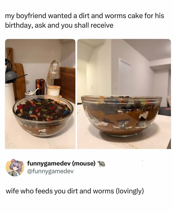 Dirt and worms cake in a bowl with meme text about boyfriend's birthday request