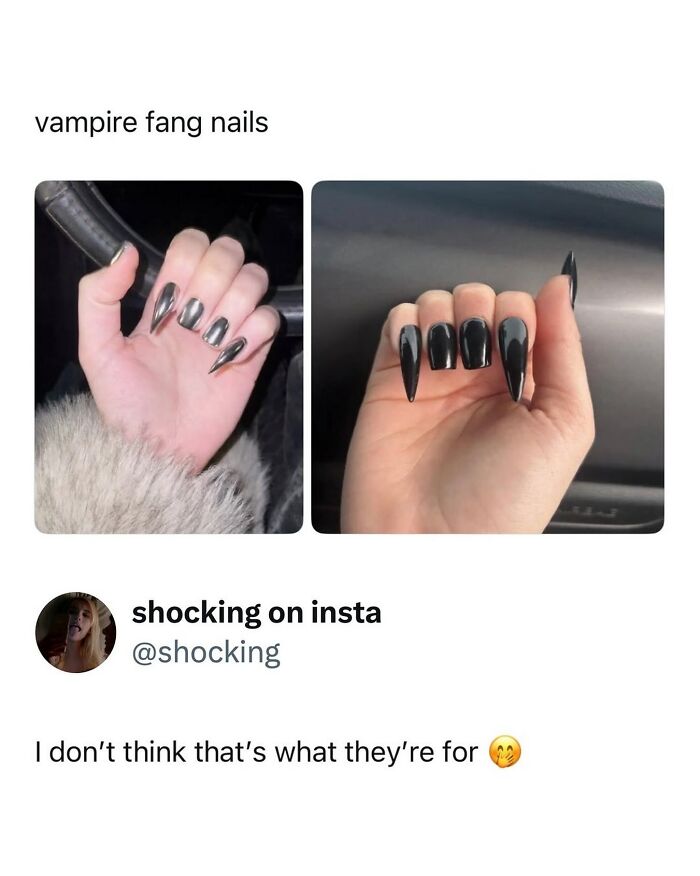Close-up of vampire fang nails in black and metallic colors on hand with caption funny memes