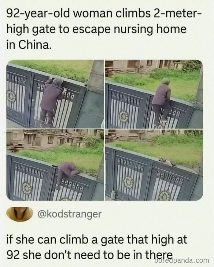 Meme of 92-year-old woman climbing high gate to escape nursing home in China