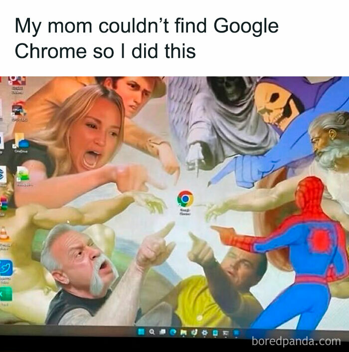 Funny desktop wallpaper with multiple characters pointing at Google Chrome icon