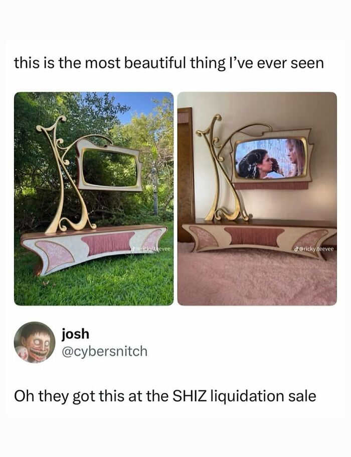 Unique artistic TV stand with ornate design praised as beautiful