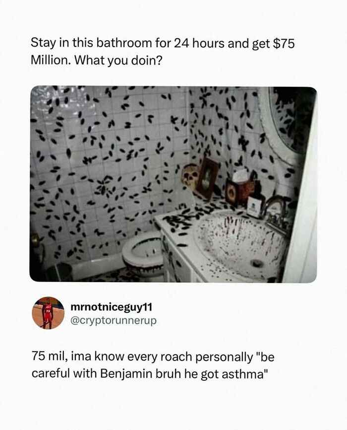 Bathroom with patterned tiles and fixtures filled with cockroach drawings and stains