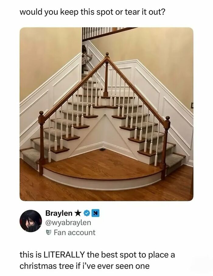 Staircase with a triangle spot at the bottom perfect for placing a Christmas tree