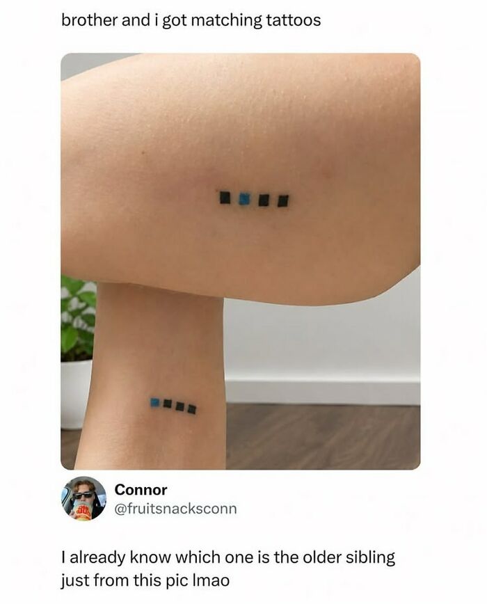 Matching black and blue square tattoos on siblings meme