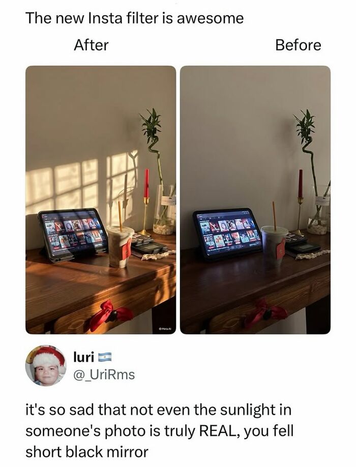 Comparison of before and after showing new Insta filter effect on indoor sunlight photo