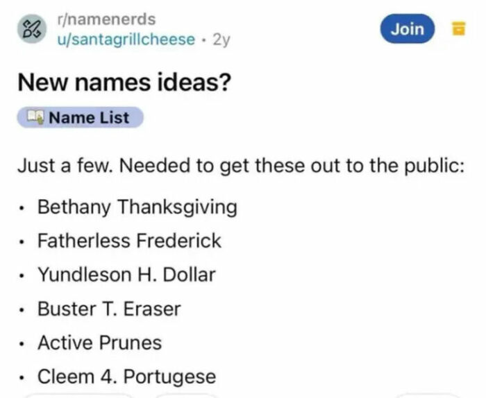 A Reddit post with a list of bizarre and funny name ideas, part of a compilation of hilarious internet photos.