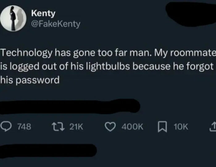 A screenshot of a hilarious tweet about a roommate logged out of smart lightbulbs due to forgotten password, an Internet humor moment.