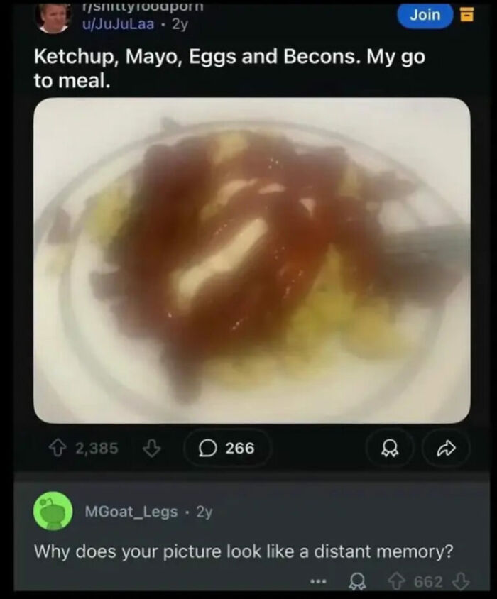 A blurry image from the Internet showing a plate of ketchup, mayo, eggs, and bacon, with a comment questioning the picture quality.