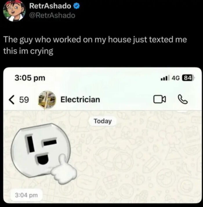 A funny internet text message from an electrician showing a crying face with a plug design, part of hilarious photos.