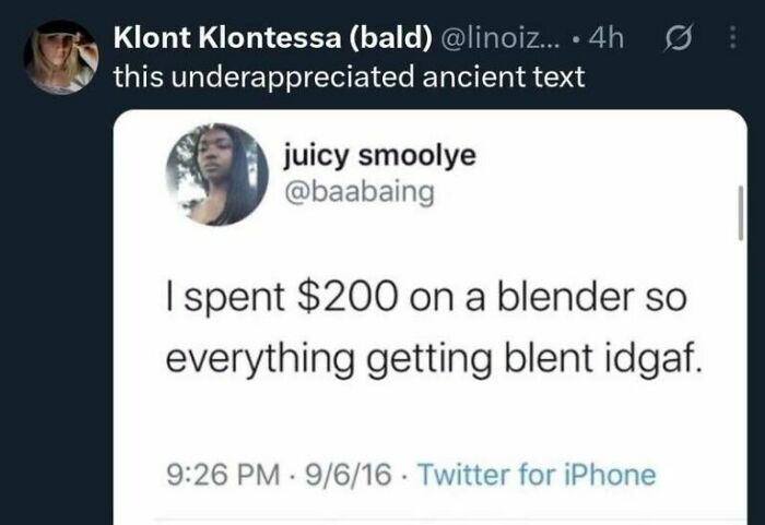 Hilarious photos of a tweet about spending $200 on a blender, ensuring everything gets blended.