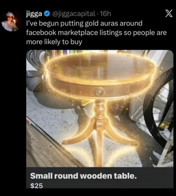 A screenshot of a Facebook Marketplace listing for a small round wooden table with a gold aura, one of many hilarious photos.
