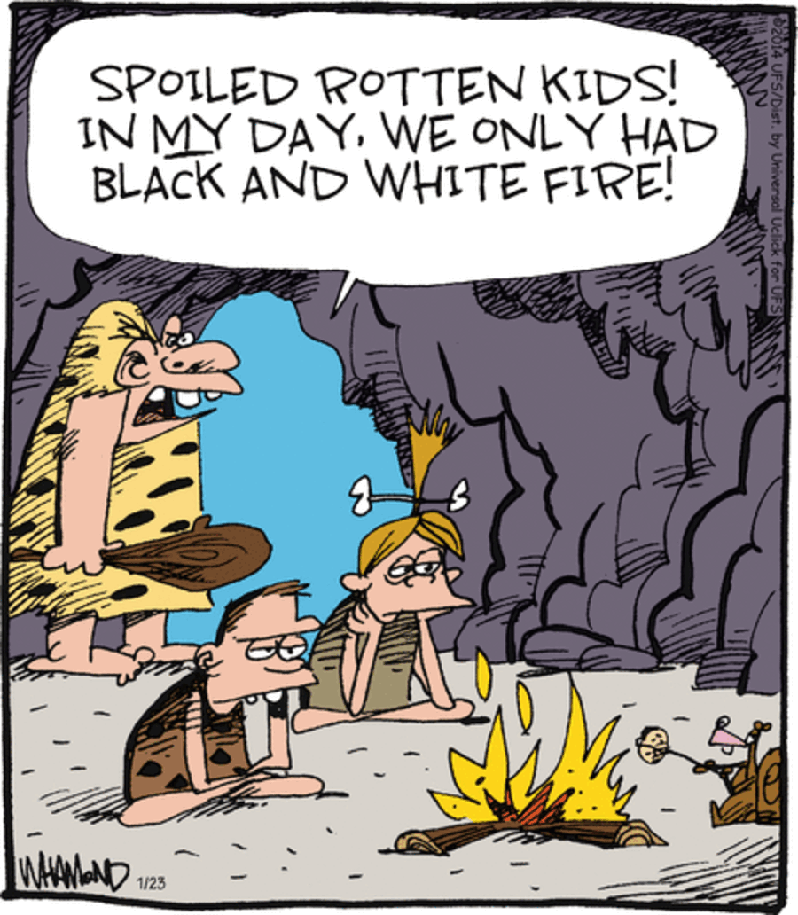 Cavemen complain about spoiled kids and black and white fire in Dave Whamond comics