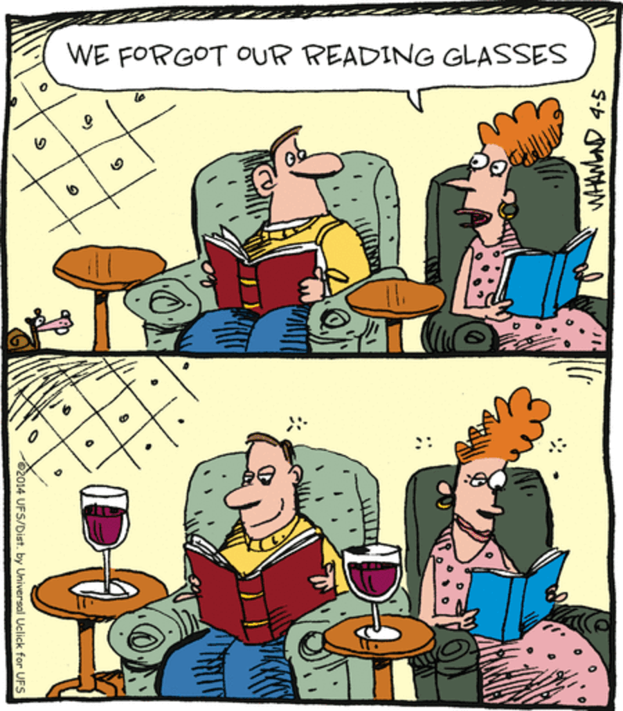 Couple forgets reading glasses while enjoying books in clever comics by Dave Whamond